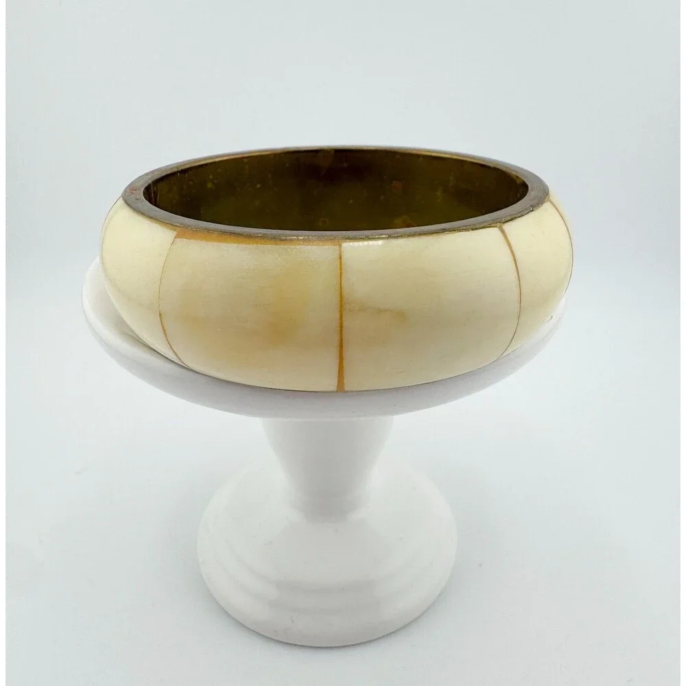 Vintage Shell Cream Brass Bangle Bracelet  Chunky Retro Statement Handcrafted